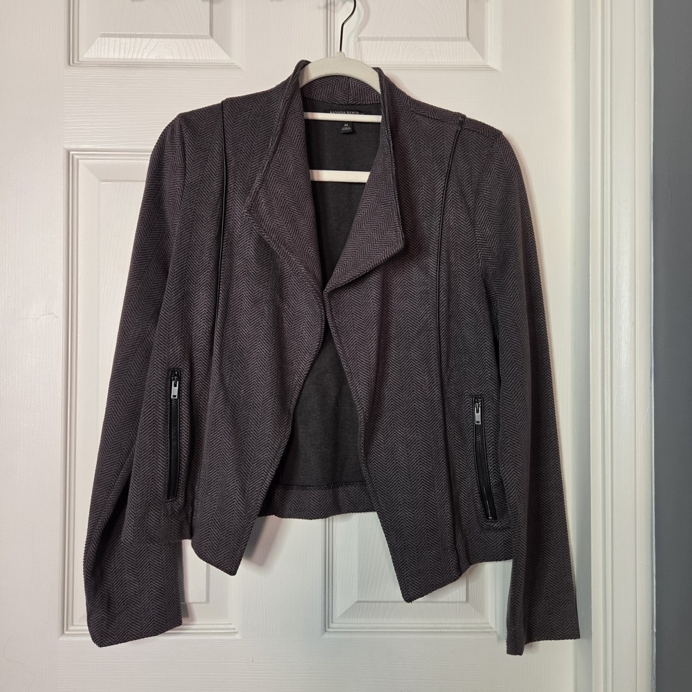 Banana Republic Open Front Knit Moto Jacket Gray Herringbone Asymmetrical Grunge